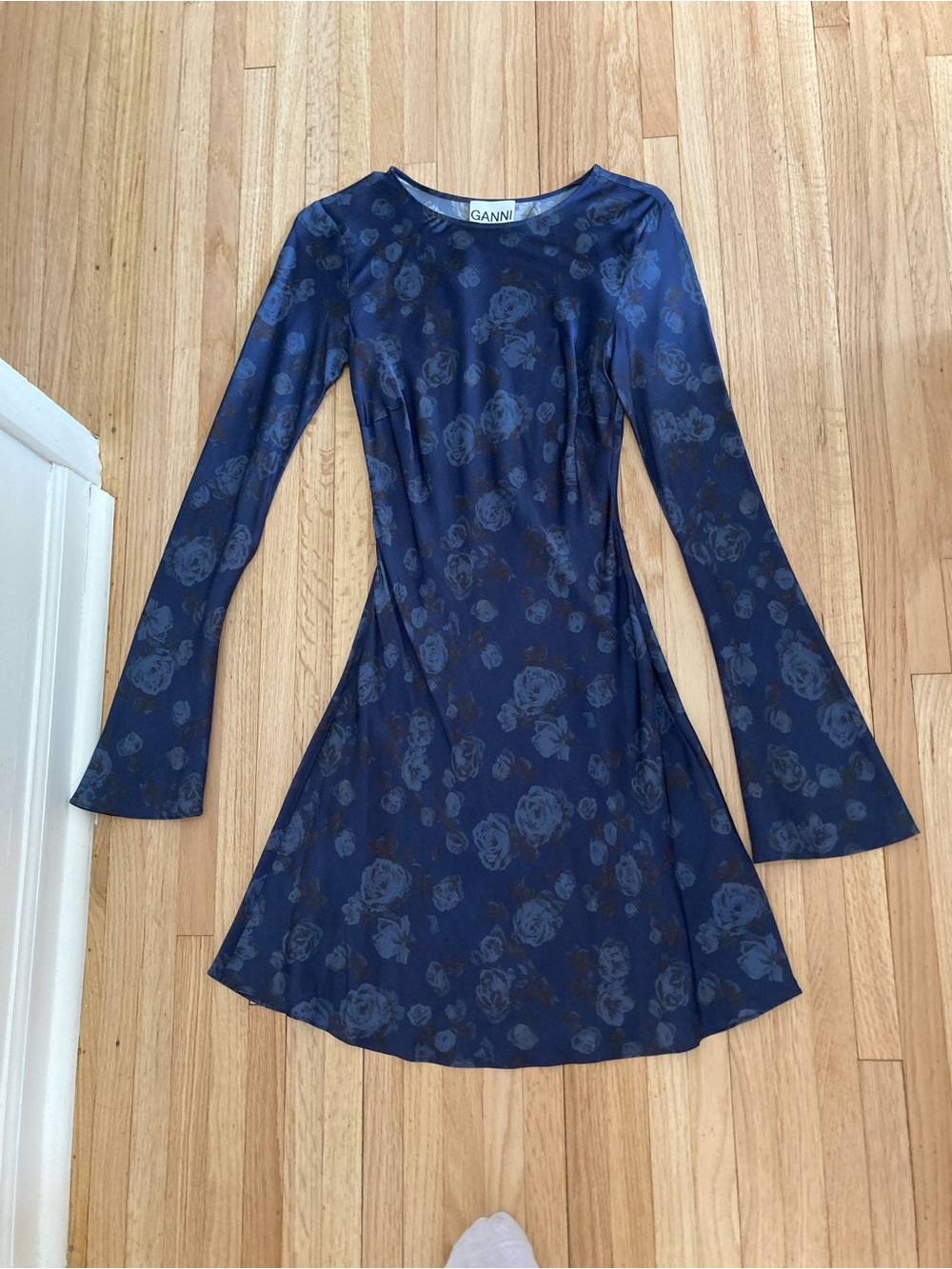 Ganni Navy Floral Long-Sleeve Flared Hem Dress